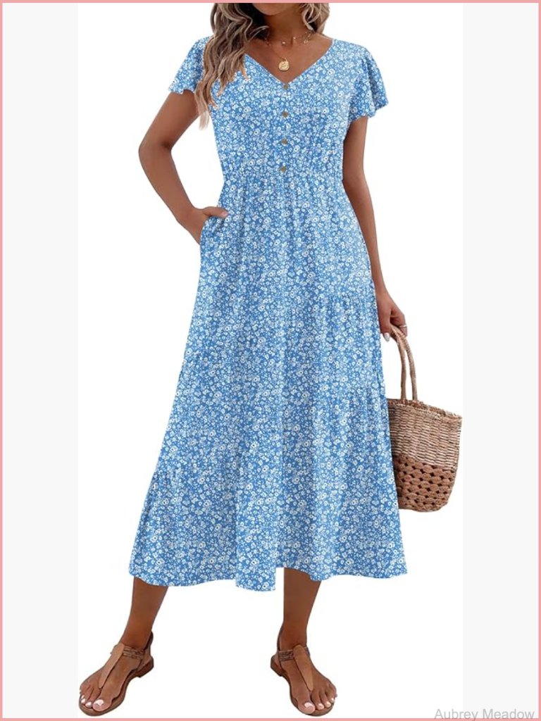 Women's Summer Casual Dress Flutter Short Sleeve V Neck Button Down Tiered